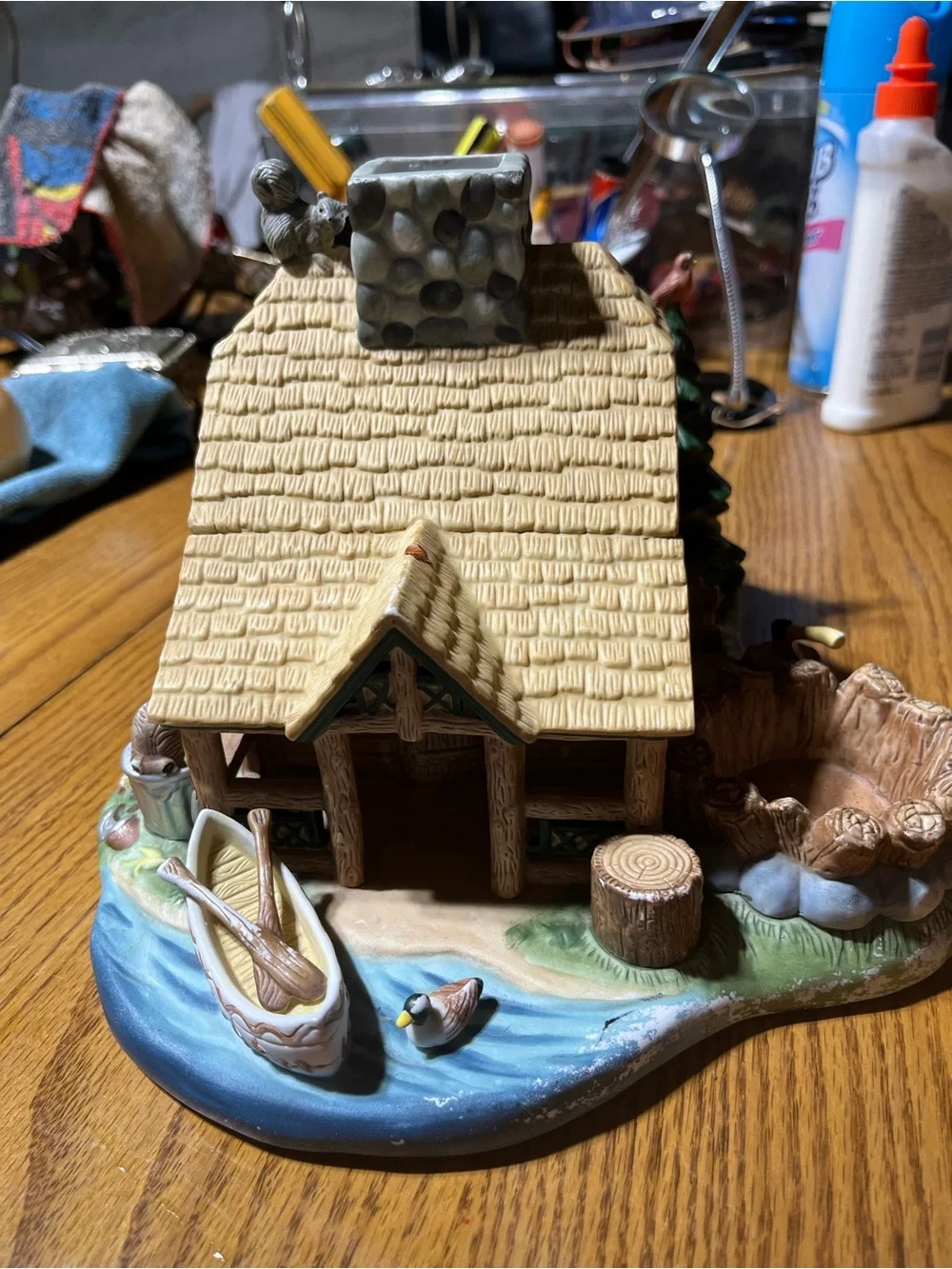 PartyLite Hand-Painted Ceramic Log Cabin Accent in Brown, Green, Yellow